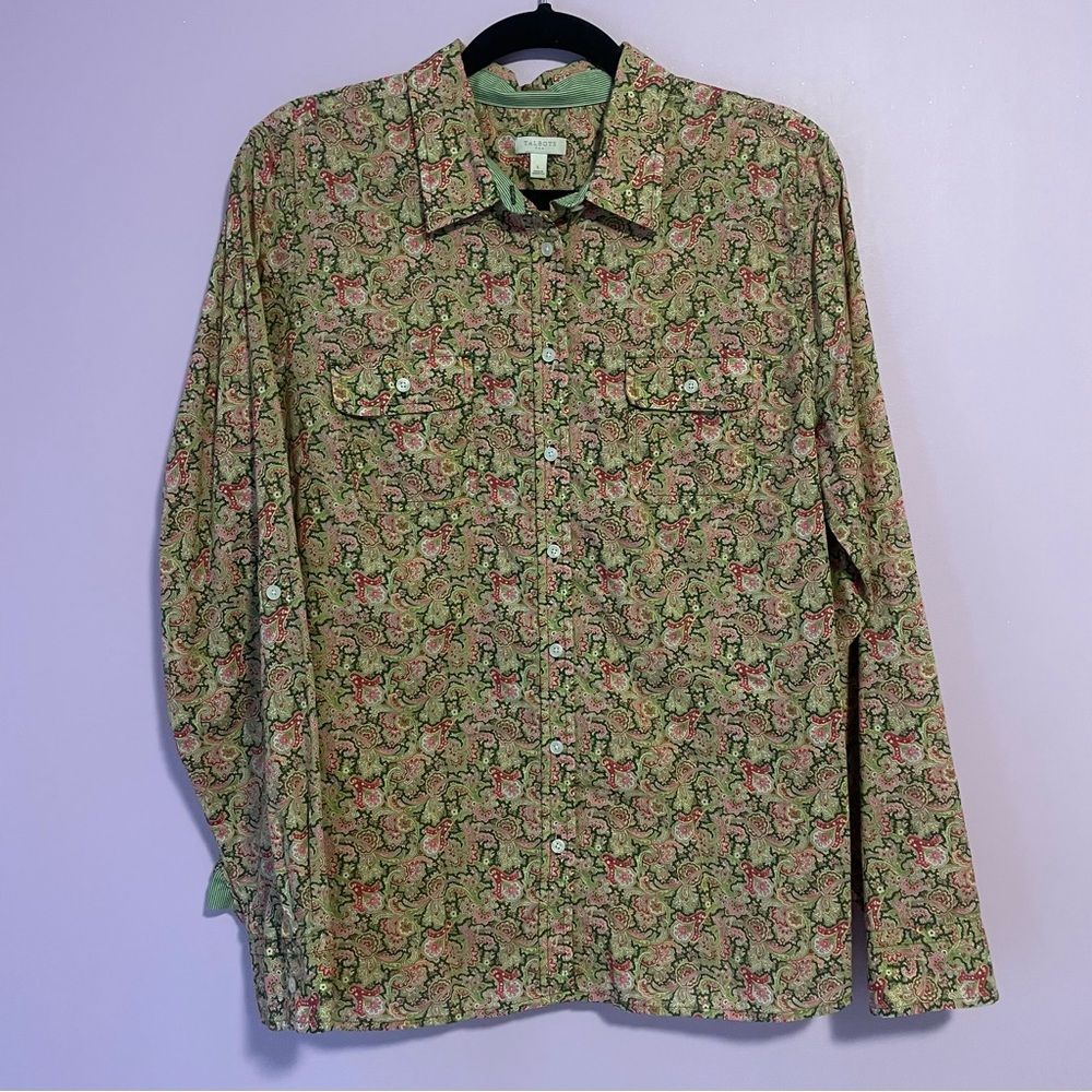 Talbots L Floral Paisley Print Green Button-Up Shirt